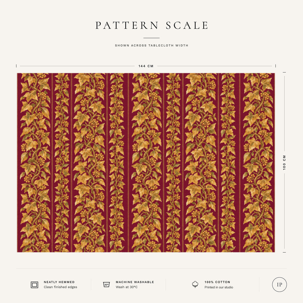 Pattern scale of the Gilded Ivy Christmas tablecloth in burgundy and gold across its 144 cm width, with care notes