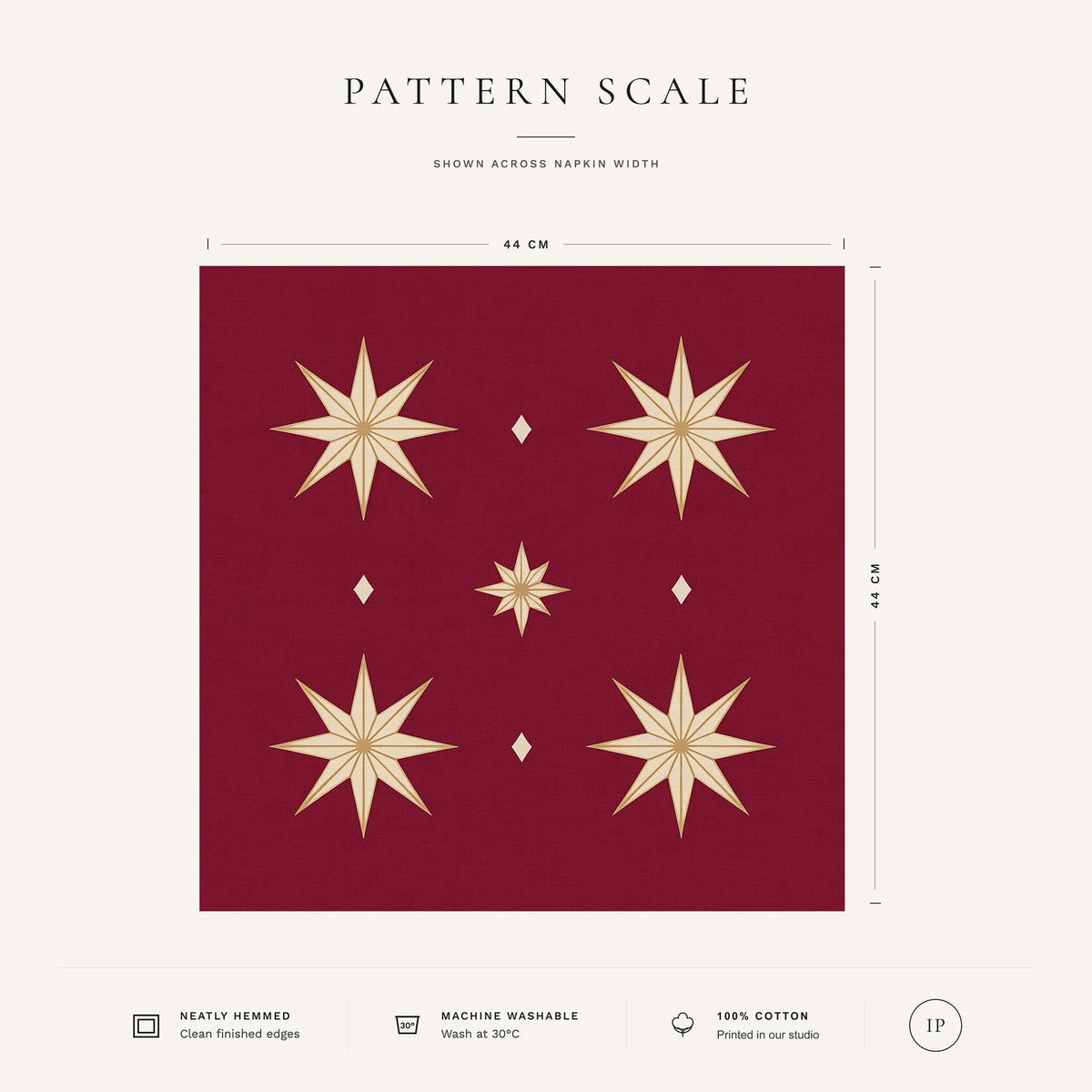 Burgundy and gold Stars Christmas napkin pattern scale, showing the full 44 cm by 44 cm design.