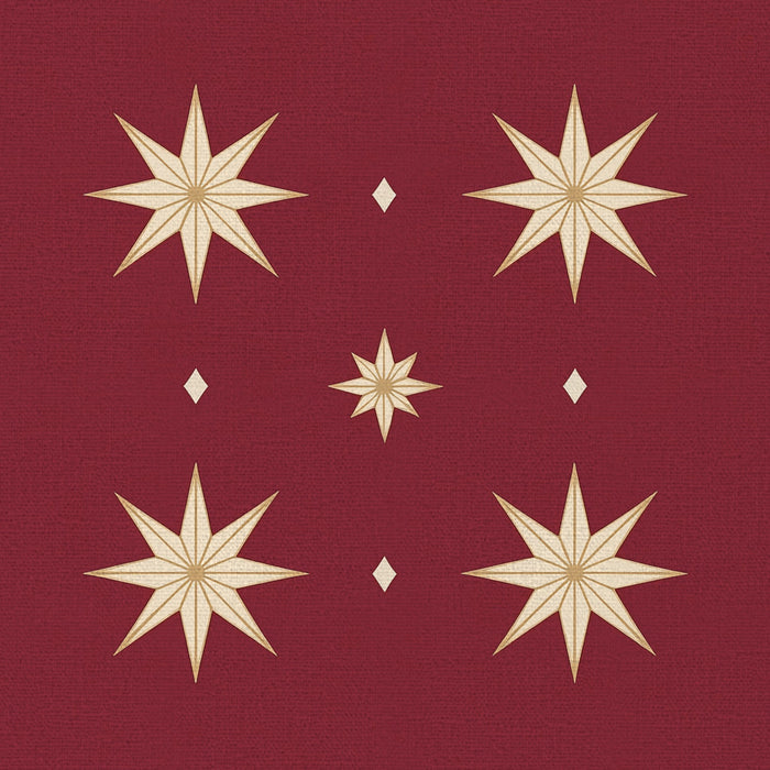 Close-up of the Stars Christmas napkin print in burgundy and gold on cotton, showing gold eight-pointed stars