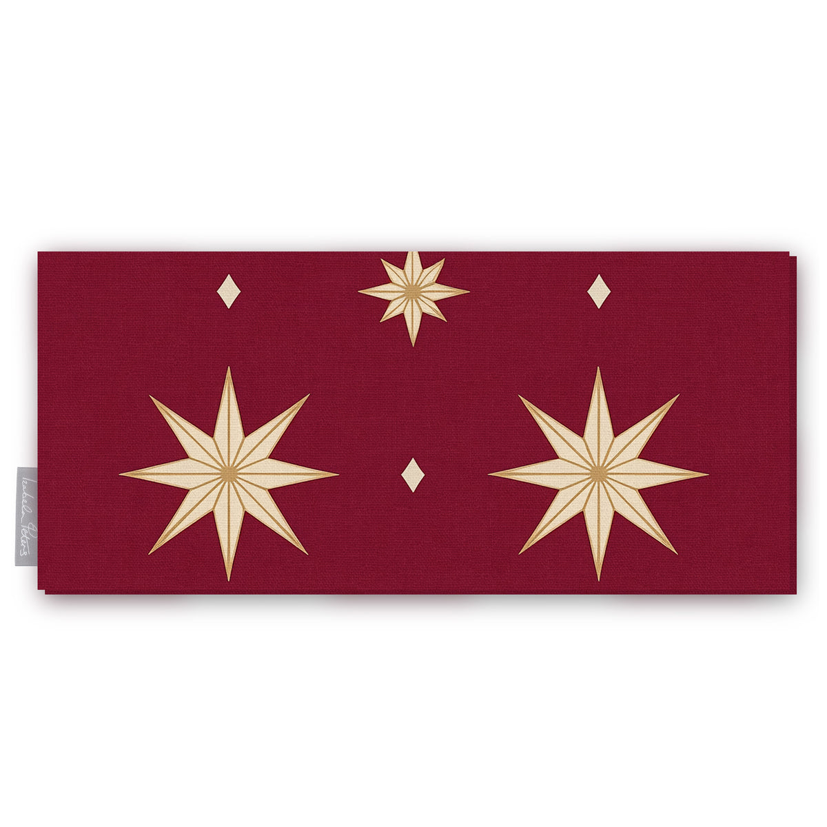 Stars Christmas table runner in burgundy and gold, folded on white, showing large gold eight-pointed stars