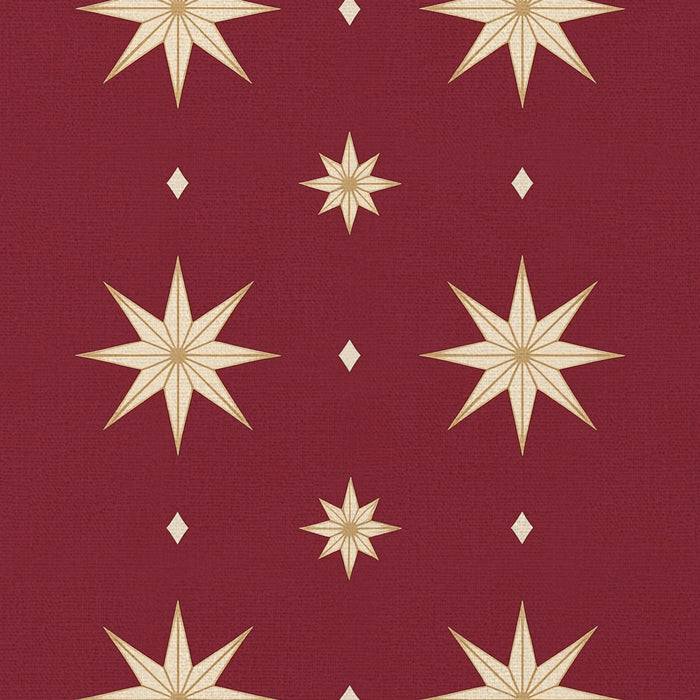 Close-up of the Stars Christmas table runner print in burgundy and gold on cotton, showing large gold eight-pointed stars