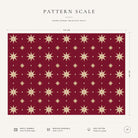 Pattern scale of the Stars Christmas tablecloth in burgundy and gold across its 144 cm width, with care notes