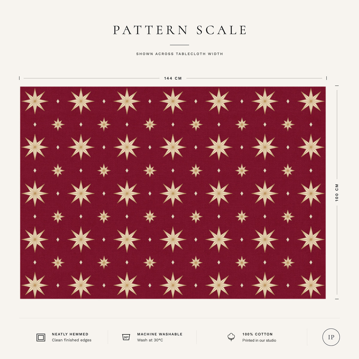 Pattern scale of the Stars Christmas tablecloth in burgundy and gold across its 144 cm width, with care notes