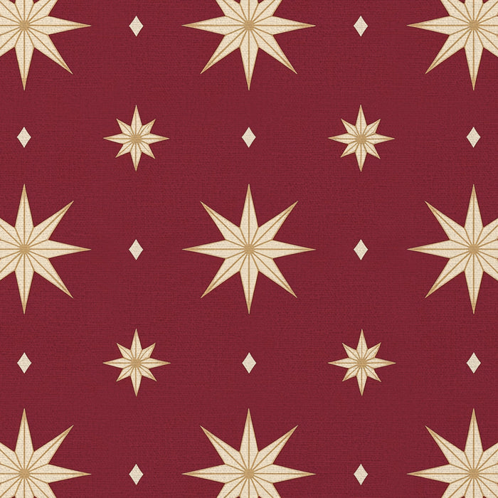 Close-up of the Stars Christmas tablecloth print in burgundy and gold on cotton, showing gold eight-pointed stars
