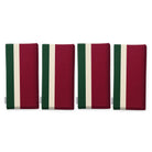 Signature Stripe Christmas napkins in burgundy, green and ivory, set of four, folded on white, showing the same broad stripes