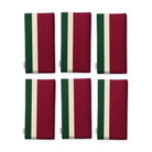 Signature Stripe Christmas napkins in burgundy, green and ivory, set of six, folded on white, showing the same broad stripes
