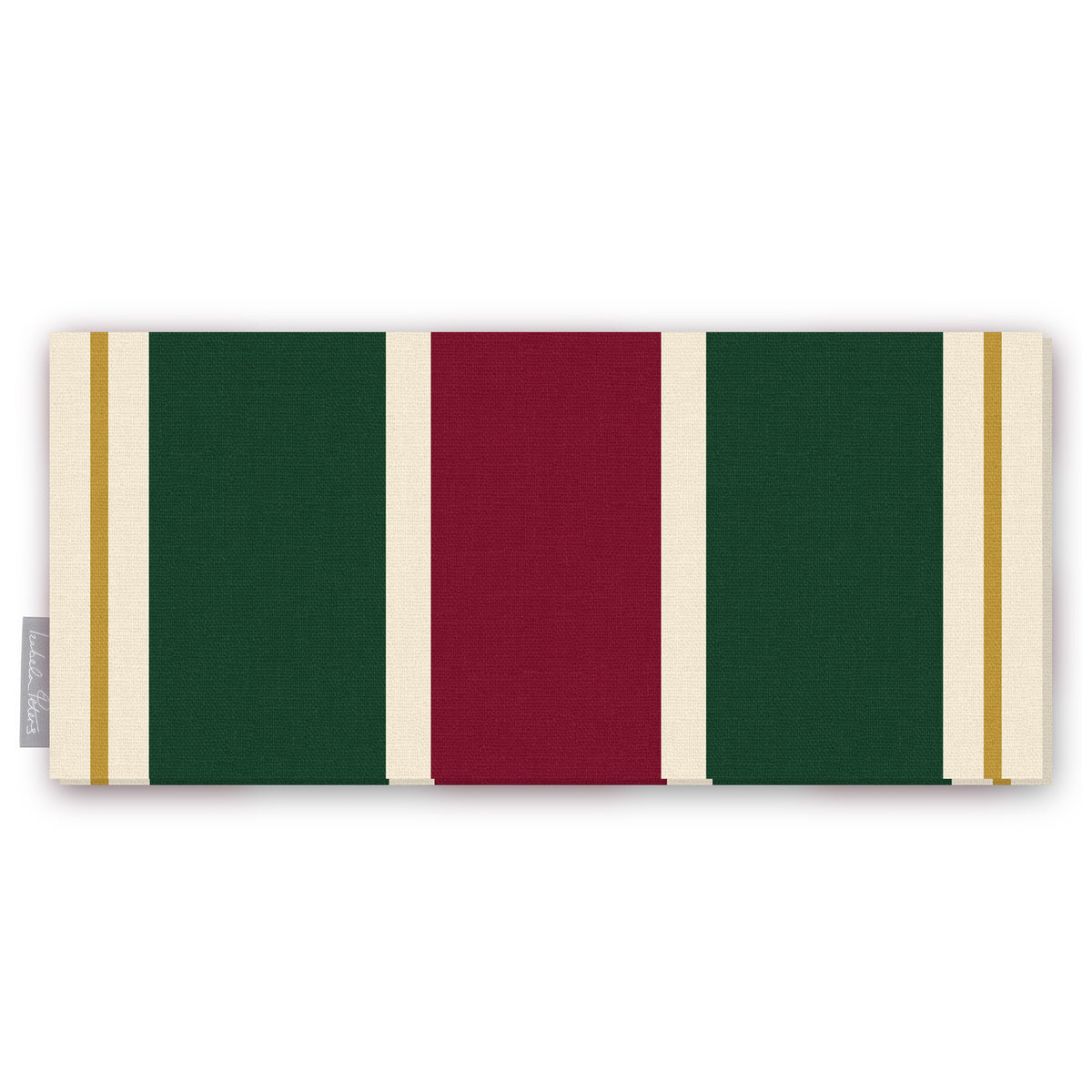 Signature Stripe Christmas table runner in burgundy, green and ivory, folded on white, showing broad stripes