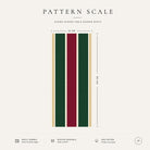 Pattern scale of the Signature Stripe table runner in burgundy, green and ivory across its 44 cm width, with care notes