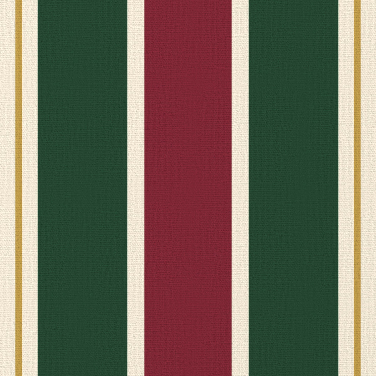 Close-up of the Signature Stripe Christmas table runner print in burgundy, green and ivory on cotton, showing broad stripes