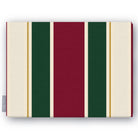 Signature Stripe Christmas tablecloth in burgundy, green and ivory, folded on white, showing broad stripes