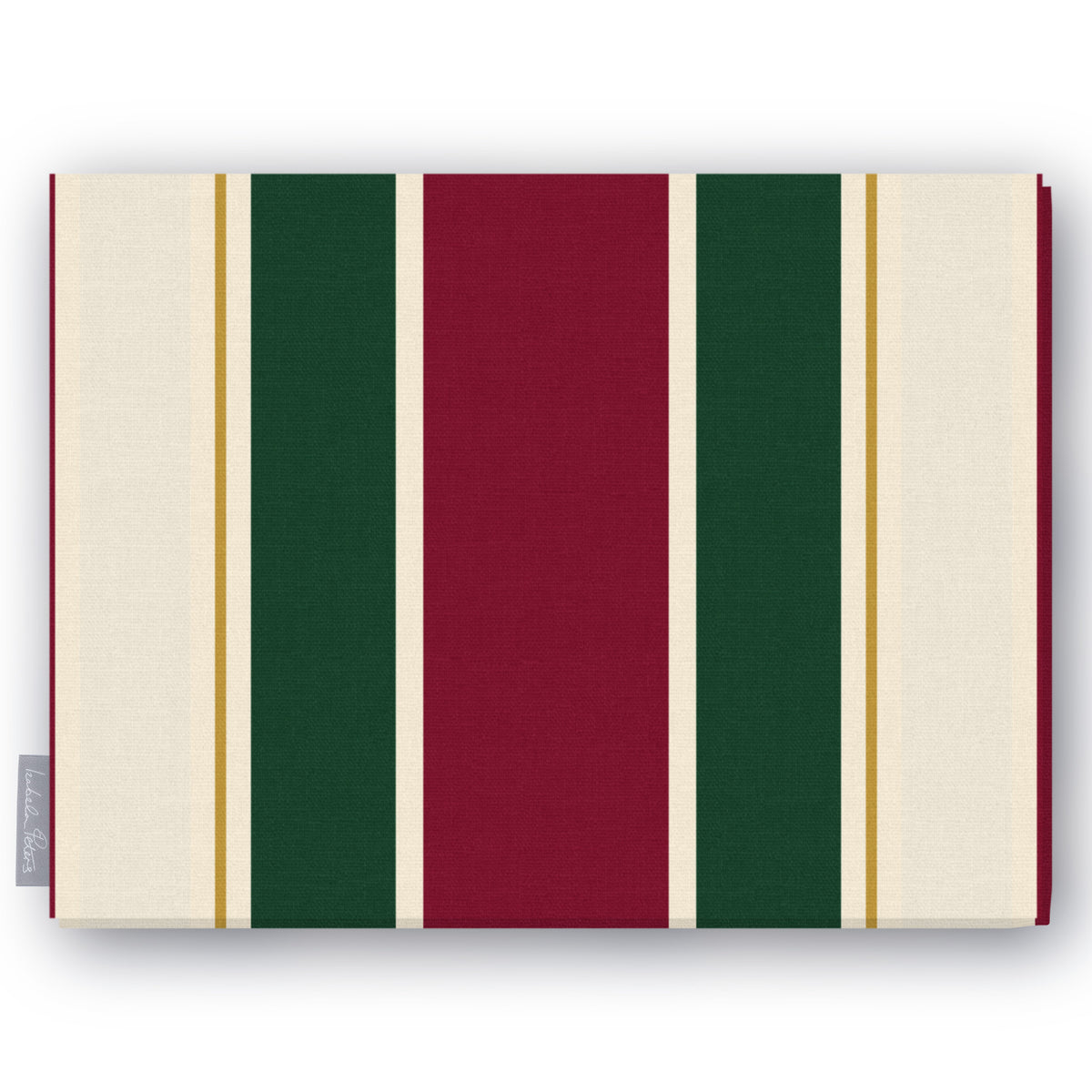 Signature Stripe Christmas tablecloth in burgundy, green and ivory, folded on white, showing broad stripes