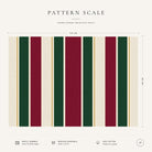 Pattern scale of the Signature Stripe tablecloth in burgundy, green and ivory across its 144 cm width, with care notes