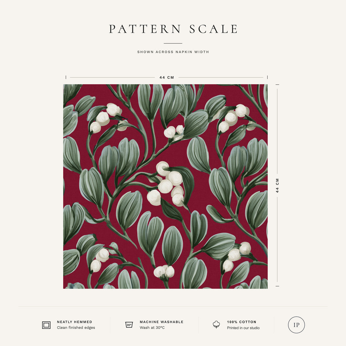 Burgundy Mistletoe Christmas napkin pattern scale, showing the full 44 cm by 44 cm design.