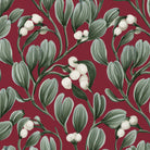 Close-up of the burgundy Mistletoe Christmas napkin print on cotton, showing sprigs of mistletoe with white berries