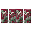 Burgundy Mistletoe Christmas napkins, set of four, folded on white, showing the same sprig of mistletoe with white berries