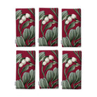 Burgundy Mistletoe Christmas napkins, set of six, folded on white, showing the same sprig of mistletoe with white berries