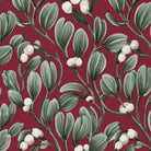 Close-up of the burgundy Mistletoe Christmas table runner print on cotton, showing sprigs of mistletoe with white berries