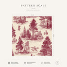 Burgundy on ivory Fir Forest Toile Christmas napkin pattern scale, showing the full 44 cm by 44 cm design.