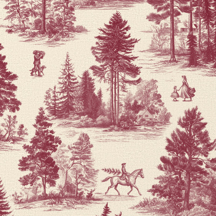 Close-up of the Fir Forest Toile Christmas napkin print in burgundy on ivory cotton, showing fir trees and a rider