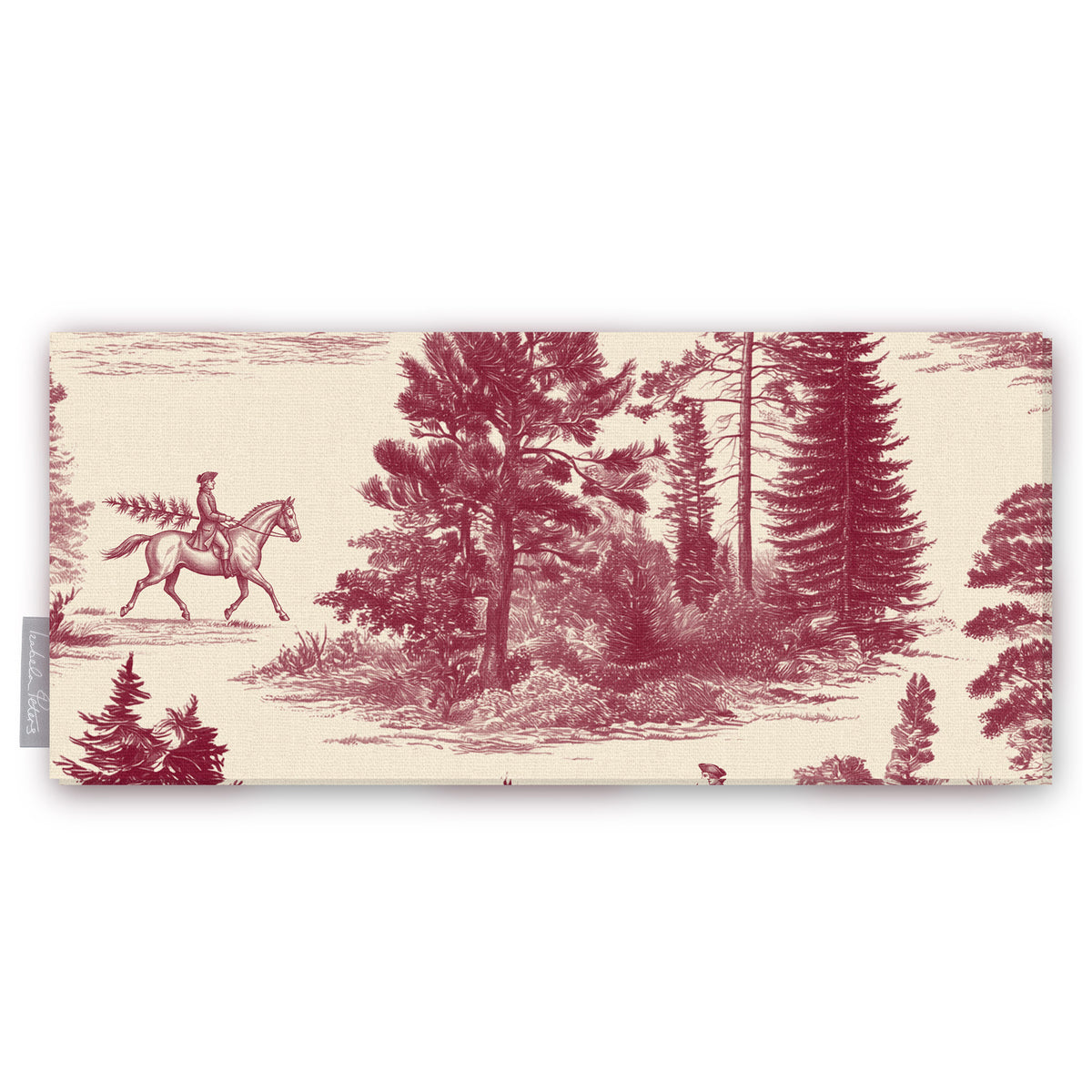 Fir Forest Toile Christmas table runner in burgundy on ivory, folded on white, showing a rider on horseback among fir trees