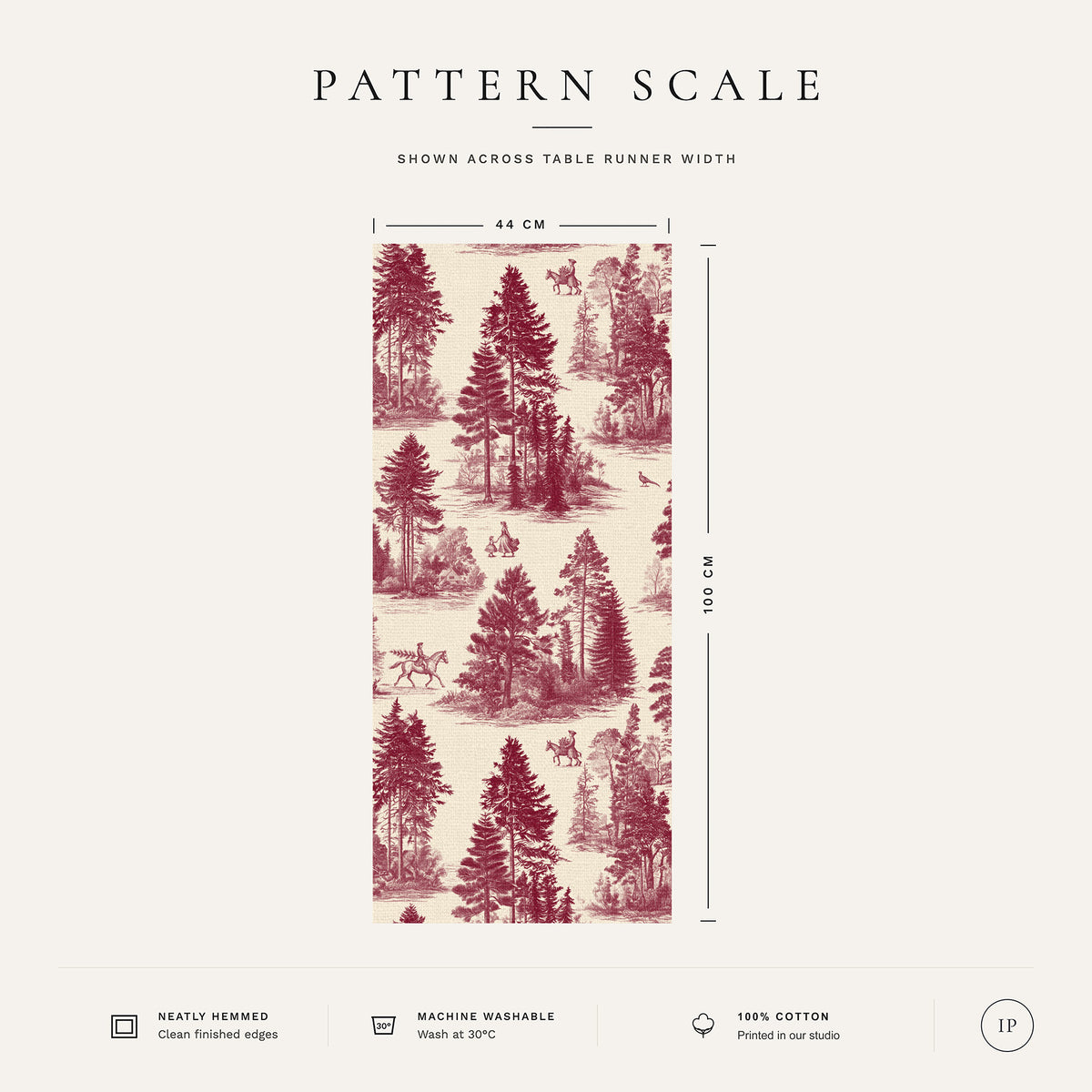 Pattern scale of the Fir Forest Toile Christmas table runner in burgundy on ivory across its 44 cm width, with care notes
