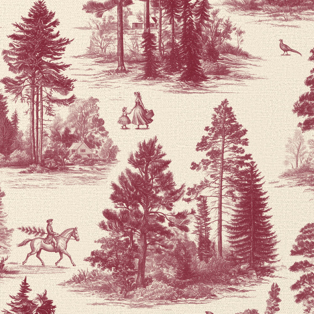 Close-up of the Fir Forest Toile Christmas table runner print in burgundy on ivory cotton, showing fir trees and a rider