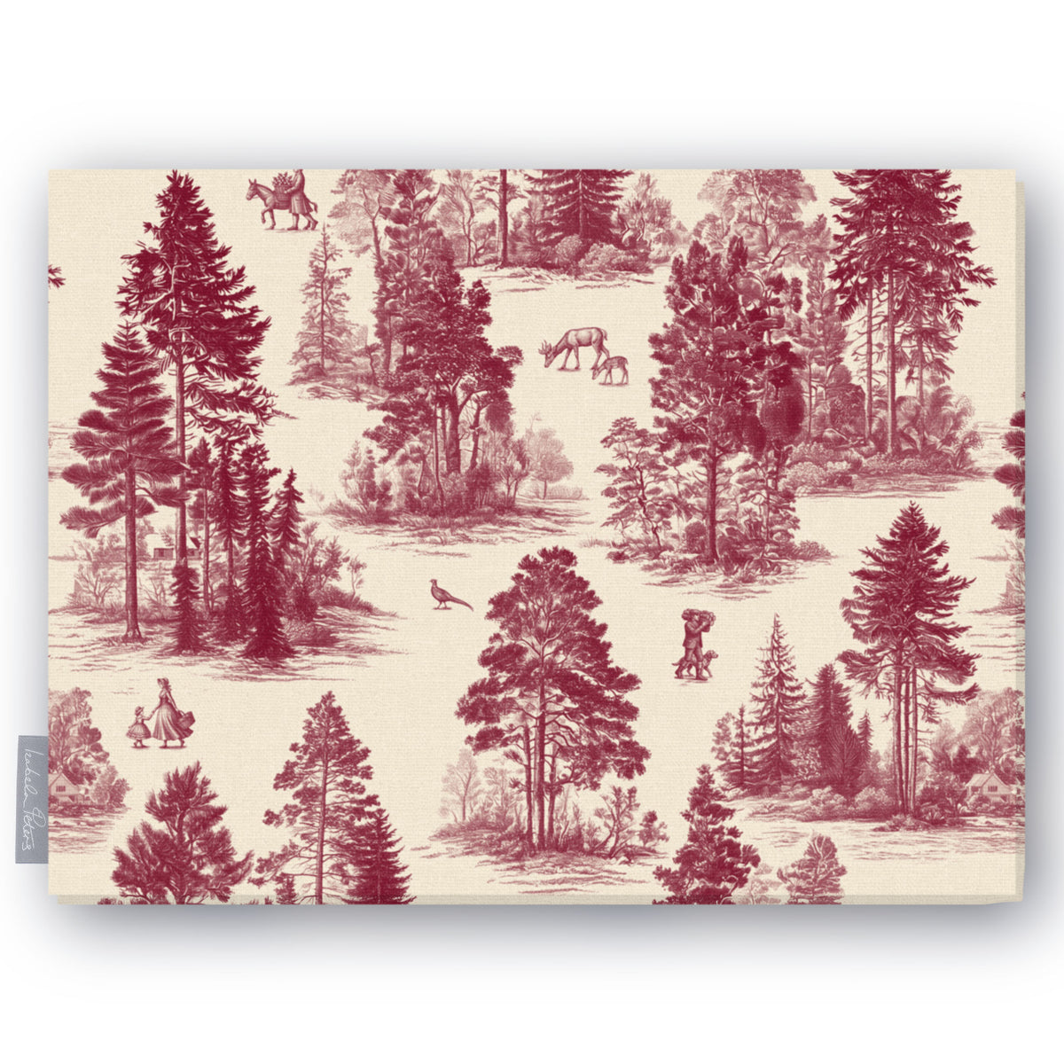 Fir Forest Toile tablecloth in burgundy on ivory, folded on white, showing fir trees, a rider and figures in the forest