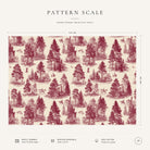 Pattern scale of the Fir Forest Toile Christmas tablecloth in burgundy on ivory across its 144 cm width, with care notes