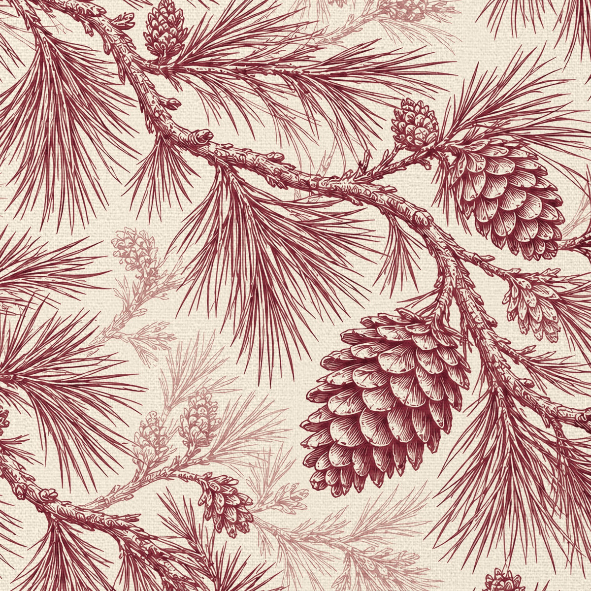 Close-up of the Pine Bough Christmas napkin print in burgundy on ivory cotton, showing pine boughs and cones