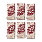 Pine Bough Christmas napkins in burgundy on ivory, set of six, folded on white, showing the same pine cone on a bough