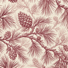 Close-up of the Pine Bough Christmas table runner print in burgundy on ivory cotton, showing pine boughs and cones