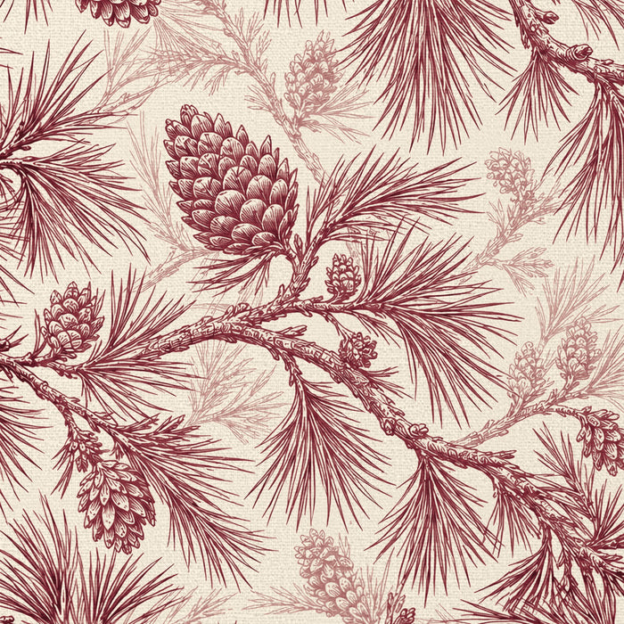 Close-up of the Pine Bough Christmas table runner print in burgundy on ivory cotton, showing pine boughs and cones