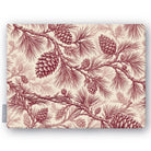 Pine Bough Christmas tablecloth in burgundy on ivory, folded on white, showing pine boughs and cones