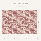 Pattern scale of the Pine Bough Christmas tablecloth in burgundy on ivory across its 144 cm width, with care notes