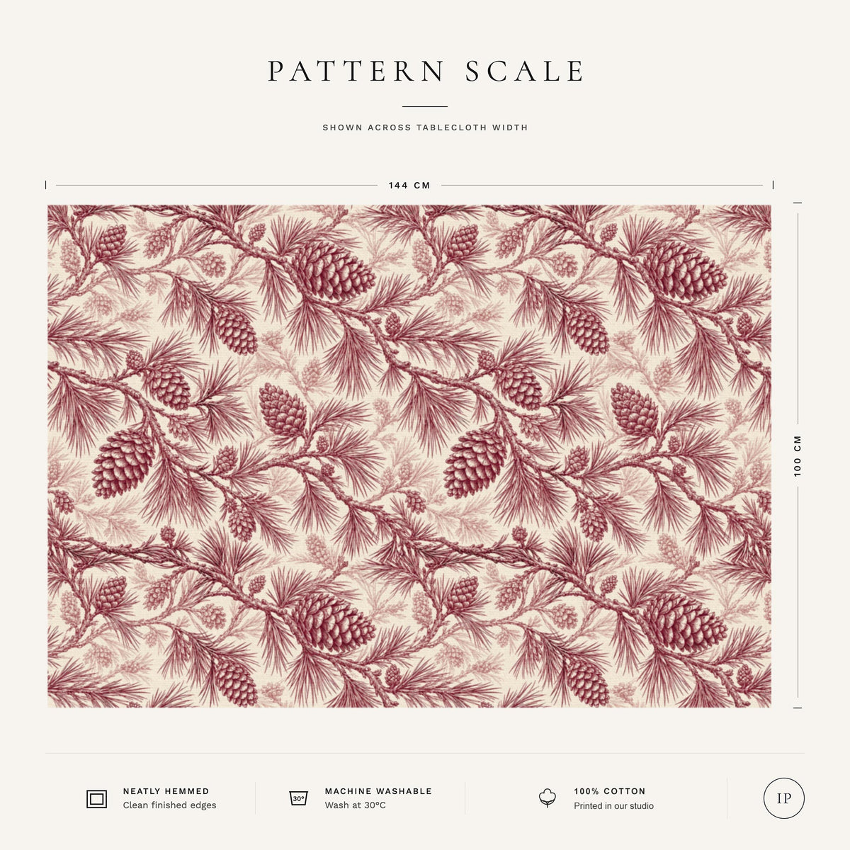 Pattern scale of the Pine Bough Christmas tablecloth in burgundy on ivory across its 144 cm width, with care notes