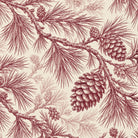 Close-up of the Pine Bough Christmas tablecloth print in burgundy on ivory cotton, showing pine boughs and cones