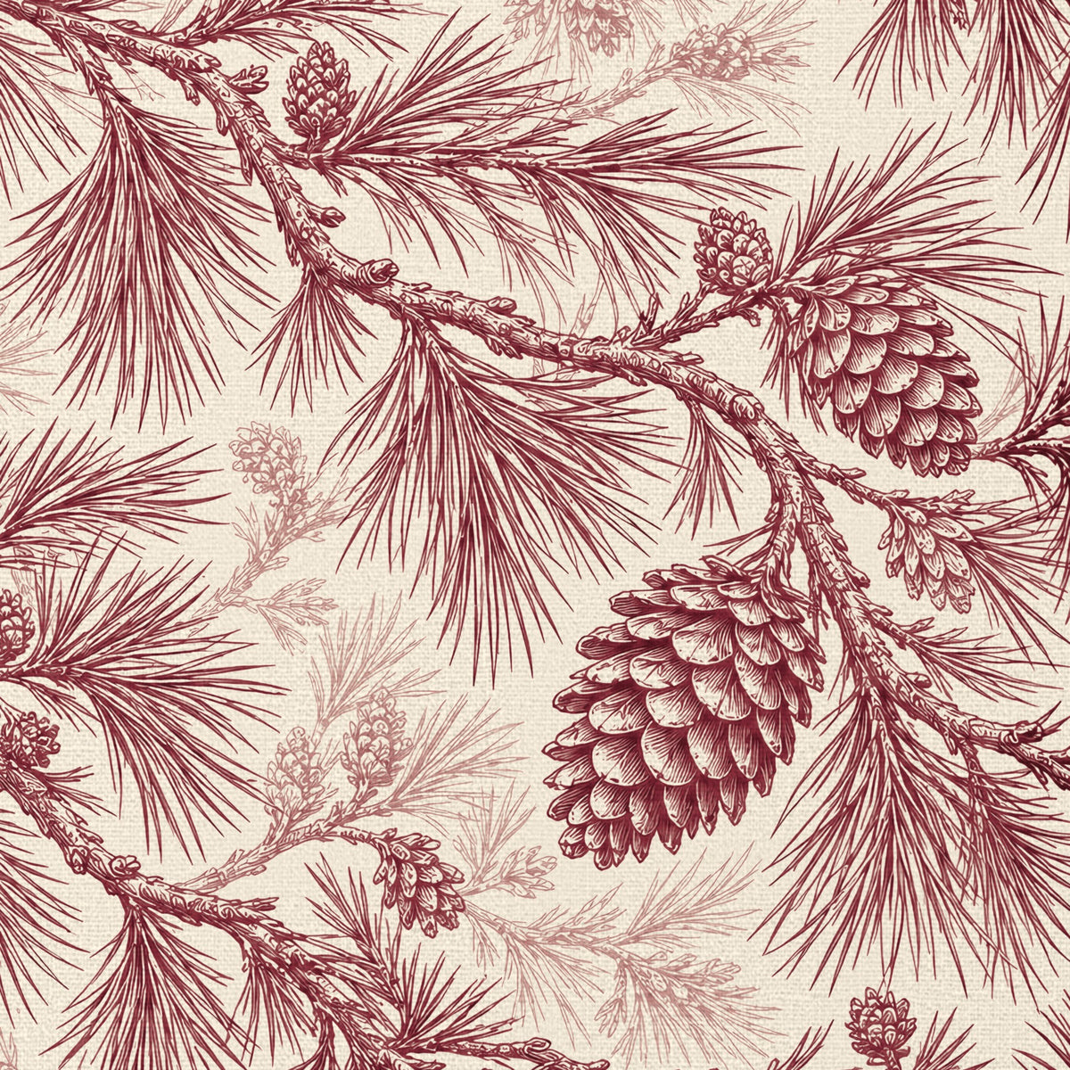 Close-up of the Pine Bough Christmas tablecloth print in burgundy on ivory cotton, showing pine boughs and cones