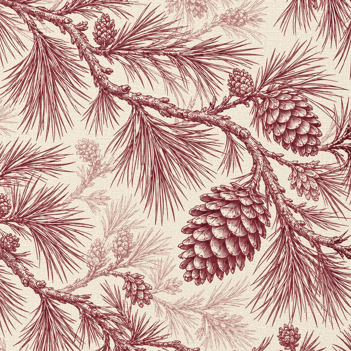 Close-up of the Pine Bough Christmas tablecloth print in burgundy on ivory cotton, showing pine boughs and cones