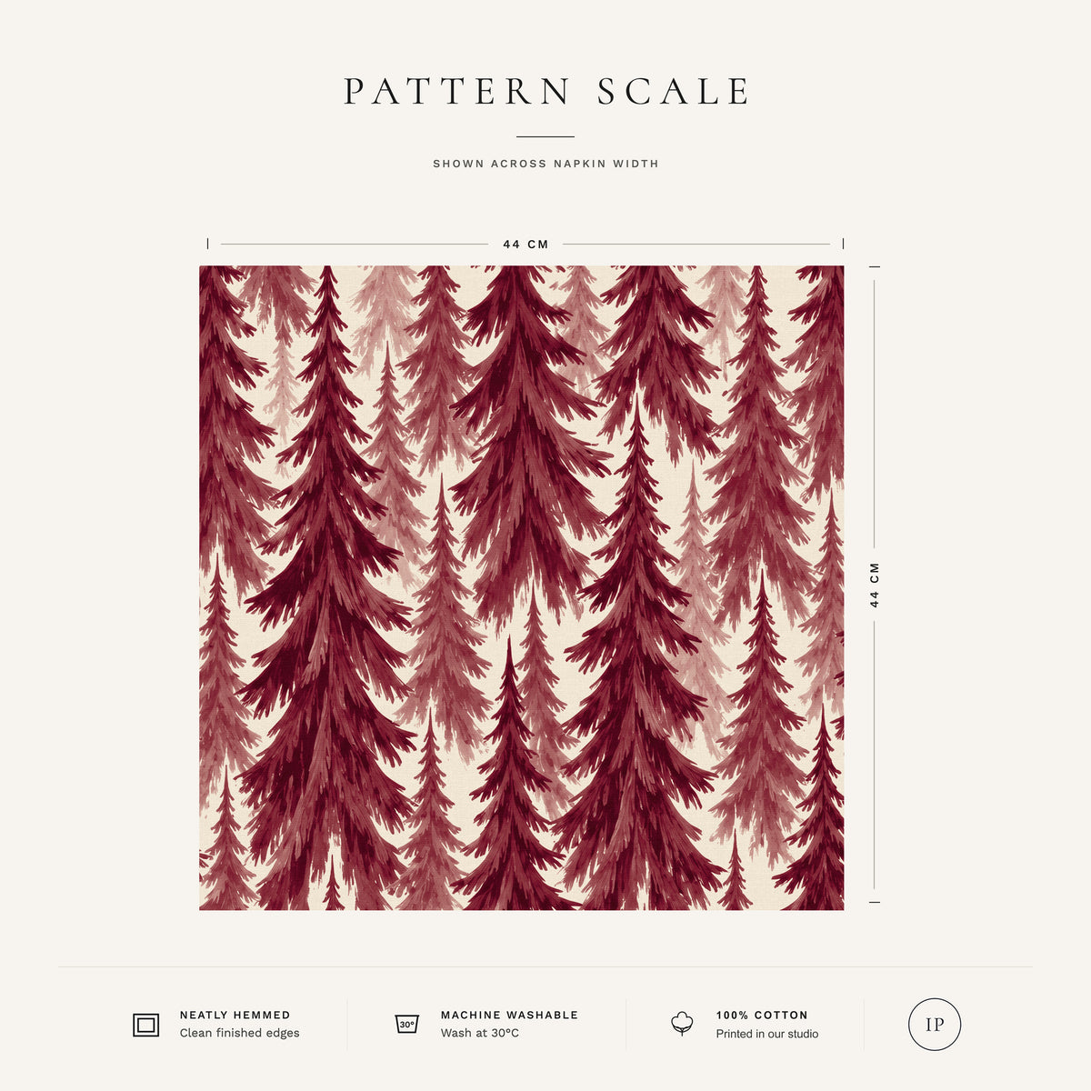 Burgundy on ivory Spruce Stand Christmas napkin pattern scale, showing the full 44 cm by 44 cm design.