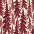 Close-up of the Spruce Stand Christmas napkin print in burgundy on ivory cotton, showing rows of spruce trees