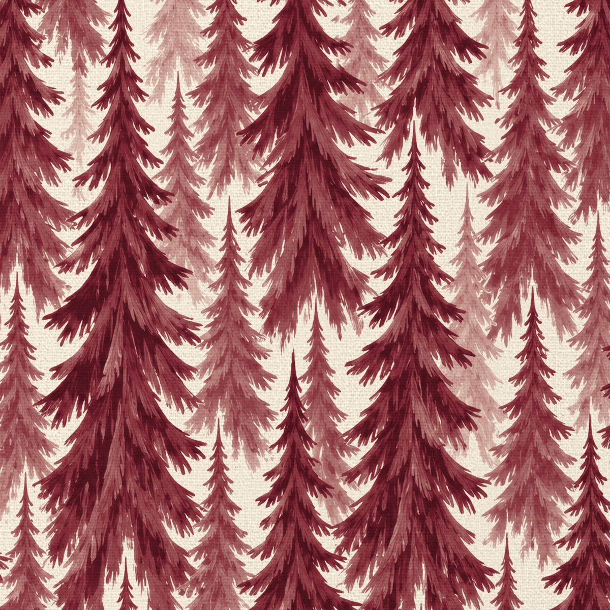 Close-up of the Spruce Stand Christmas napkin print in burgundy on ivory cotton, showing rows of spruce trees