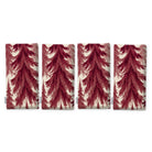 Spruce Stand Christmas napkins in burgundy on ivory, set of four, folded on white, showing the same spruce trees