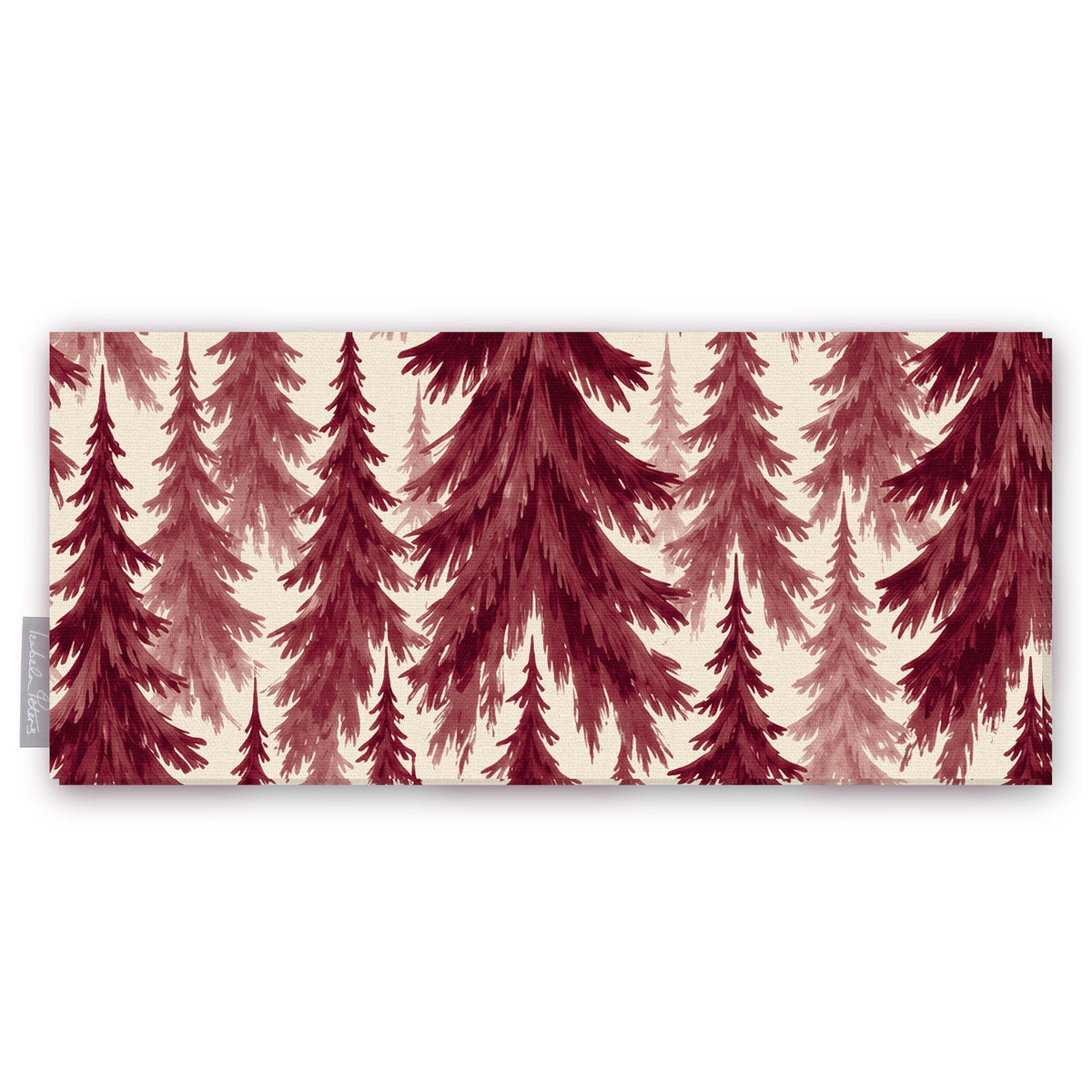Spruce Stand Christmas table runner in burgundy on ivory, folded on white, showing rows of spruce trees