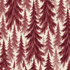Close-up of the Spruce Stand Christmas table runner print in burgundy on ivory cotton, showing rows of spruce trees