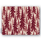 Spruce Stand Christmas tablecloth in burgundy on ivory, folded on white, showing rows of spruce trees