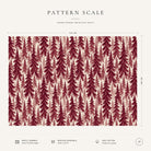 Pattern scale of the Spruce Stand Christmas tablecloth in burgundy on ivory across its 144 cm width, with care notes