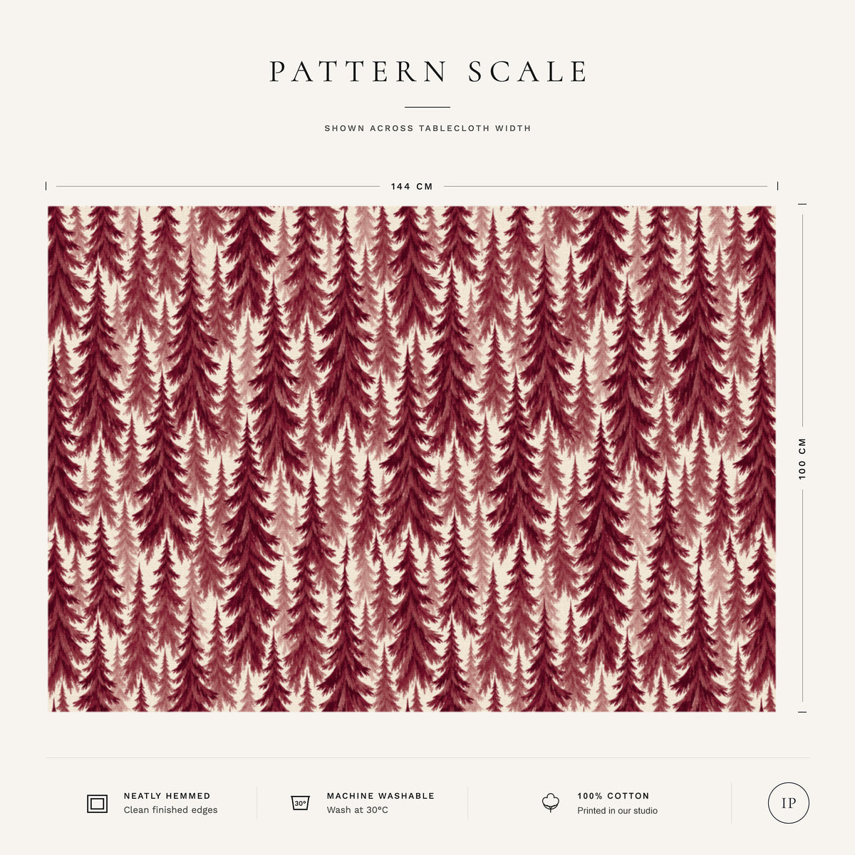 Pattern scale of the Spruce Stand Christmas tablecloth in burgundy on ivory across its 144 cm width, with care notes