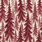 Close-up of the Spruce Stand Christmas tablecloth print in burgundy on ivory cotton, showing rows of spruce trees