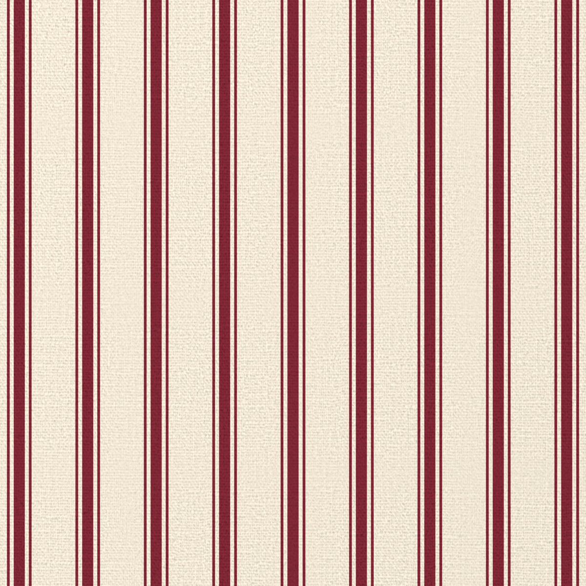 Close-up of the Ticking Stripe Christmas napkin print in burgundy on ivory cotton, showing fine ticking stripes