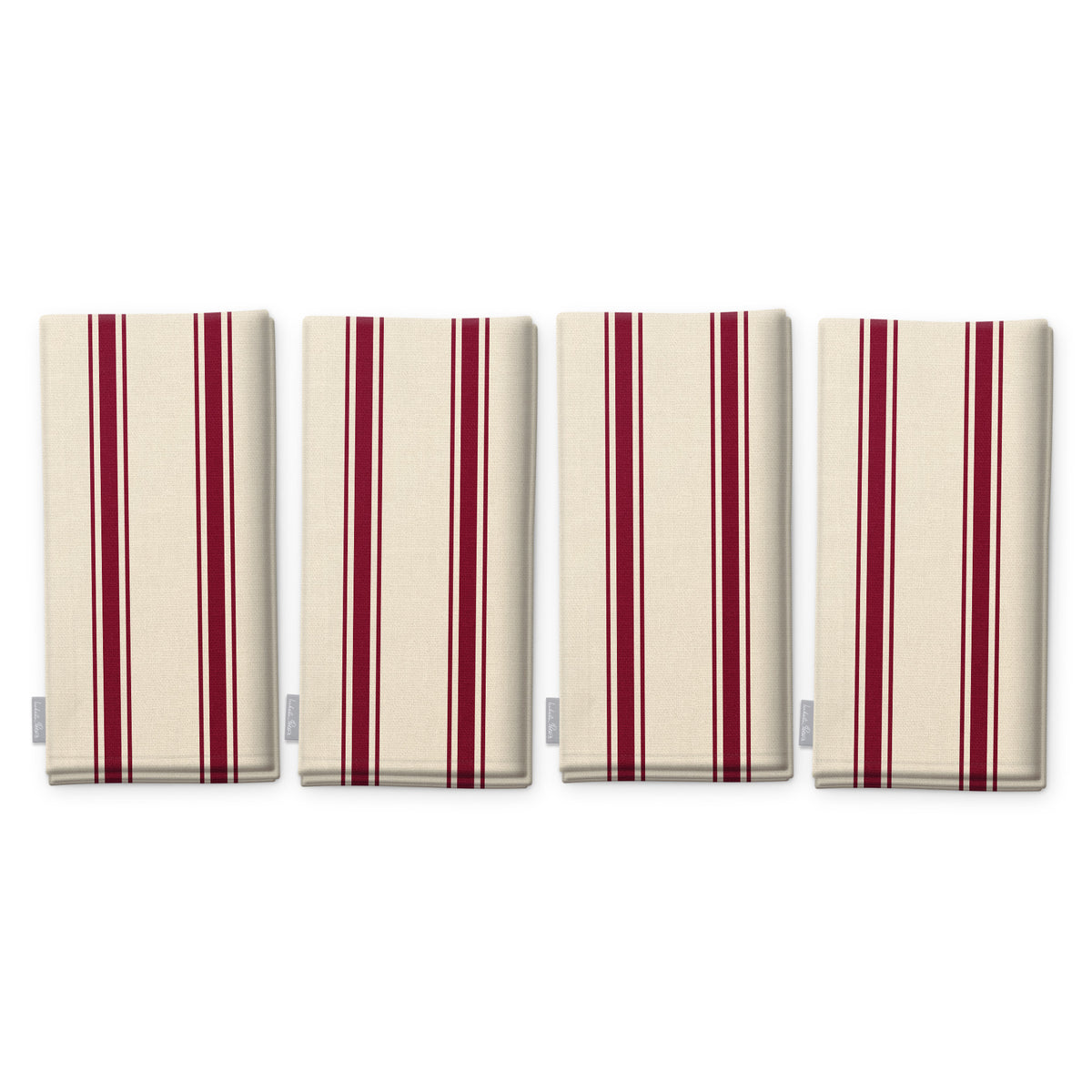 Ticking Stripe Christmas napkins in burgundy on ivory, set of four, folded on white, showing the same fine ticking stripes
